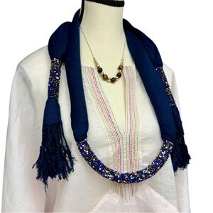 Boho Style Navy Blue Beaded Scarf Belt Boho Statement Sash, Belt, Scarf, Sash